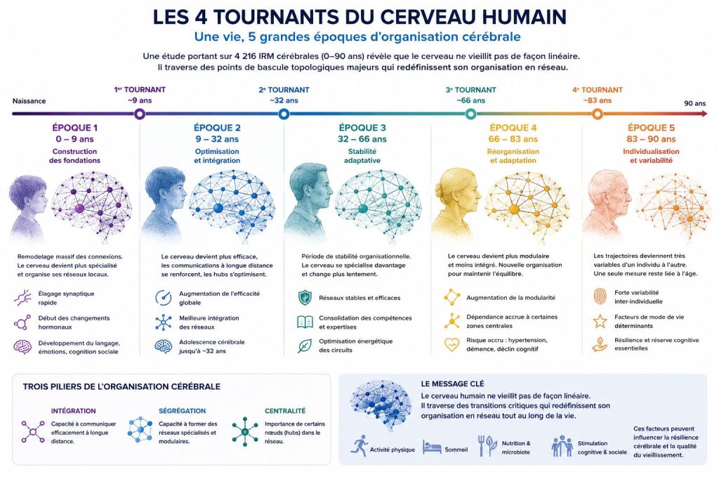 Les 4 grands tournants du cerveau humain : points de bascule topologiques à 9, 32, 66 et 83 ans — réorganisation des réseaux cérébraux au cours de la vie