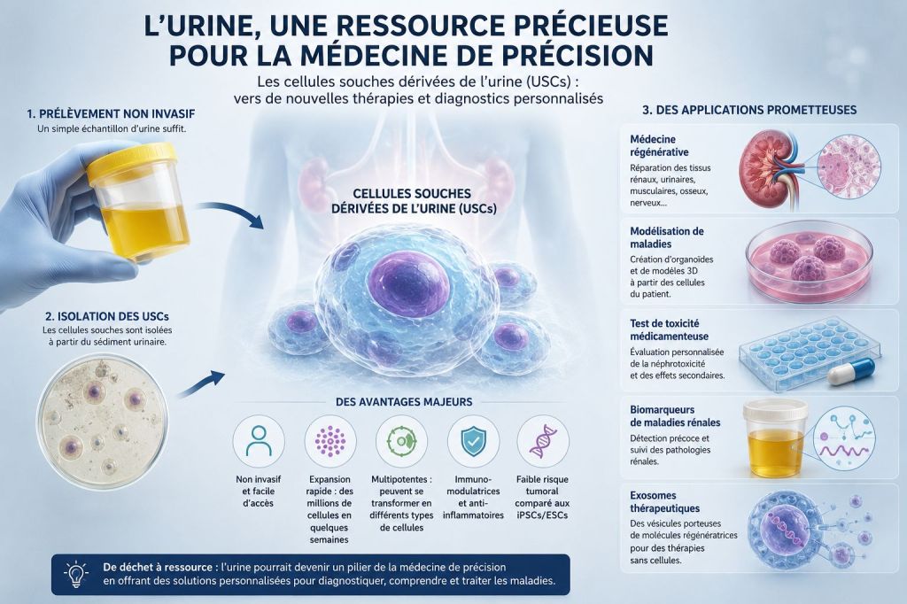 L'urine, une ressource précieuse pour la médecine de précision — Infographie USCs Texte alternatif : Infographie : prélèvement non invasif d'urine, isolation des cellules souches dérivées de l'urine (USCs), avantages et applications cliniques (médecine régénérative, organoïdes, néphrotoxicité, biomarqueurs rénaux, exosomes thérapeutiques) Légende : Les cellules souches dérivées de l'urine (USCs) : du prélèvement non invasif aux applications en médecine de précision.
