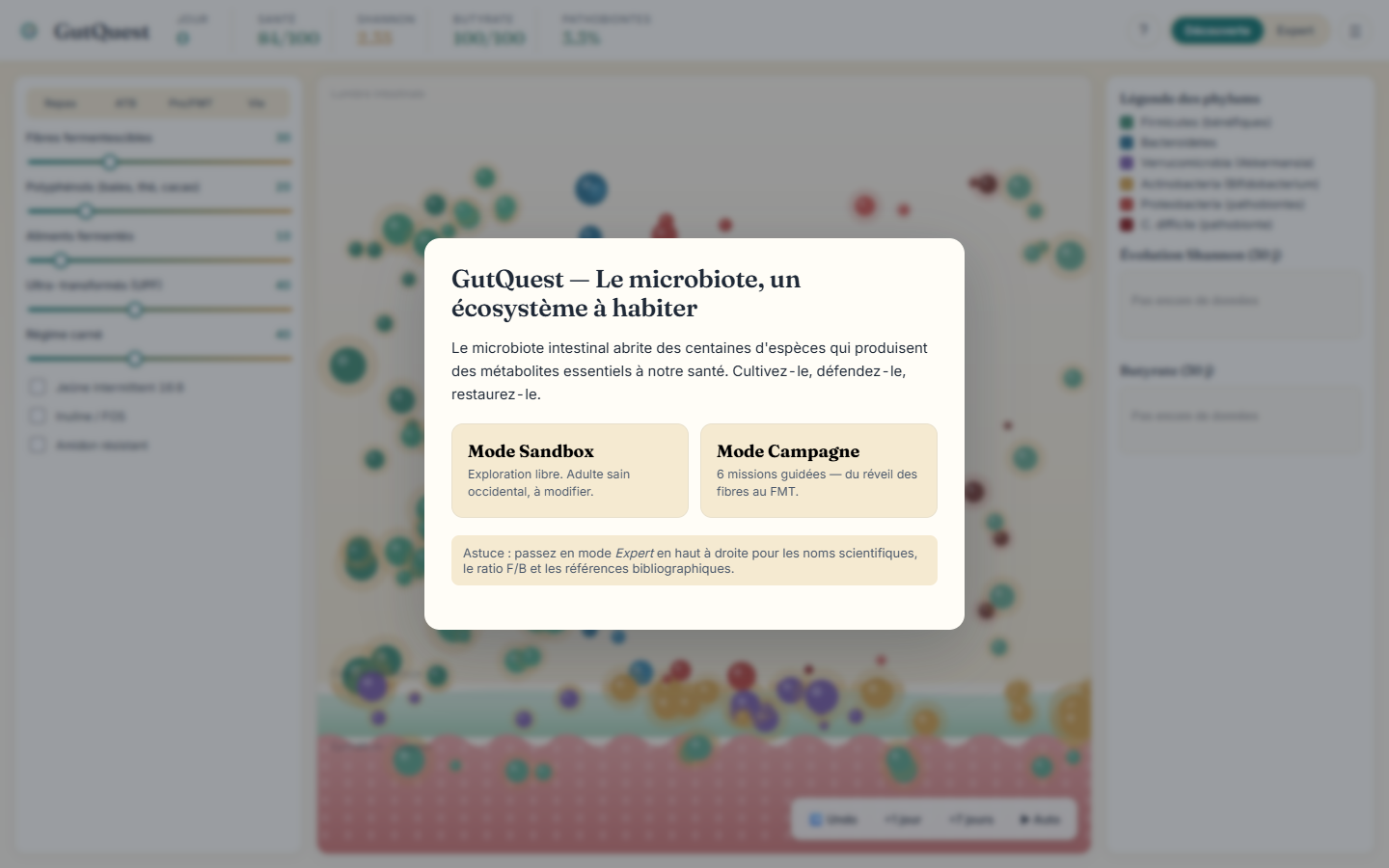 GutQuest — écran d'accueil de la simulation du microbiote intestinal