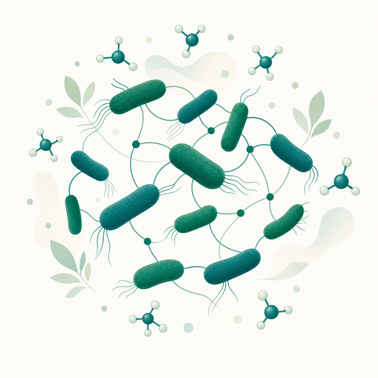 Réseau de bactéries en forme de bâtonnets interconnectées par des liens métaboliques, entourées de molécules de butyrate — Cluster IV anti-inflammatoire